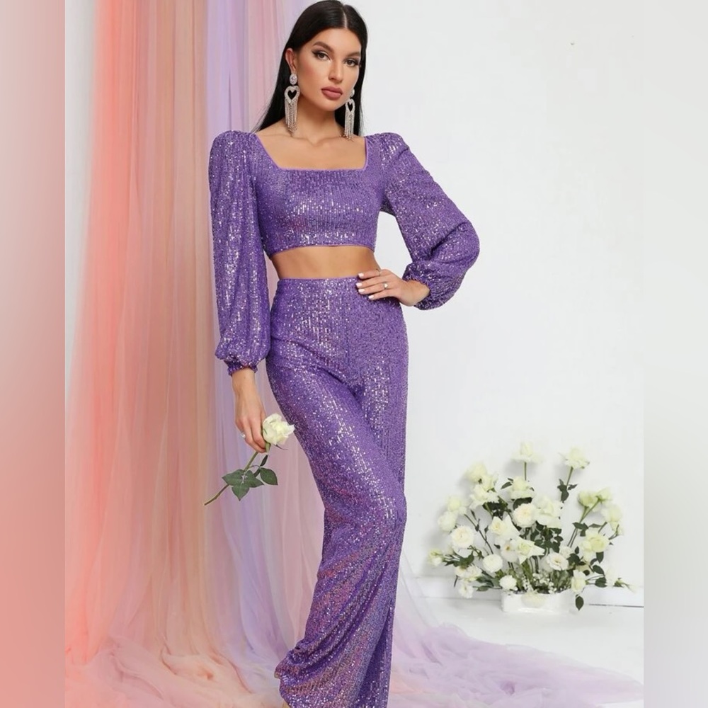 Square Neck lantern sleeve sequin top and pants